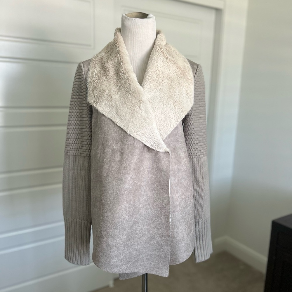 BNCI Blanc Noir Taupe Gray Shearling Sweater Jacket Size Small